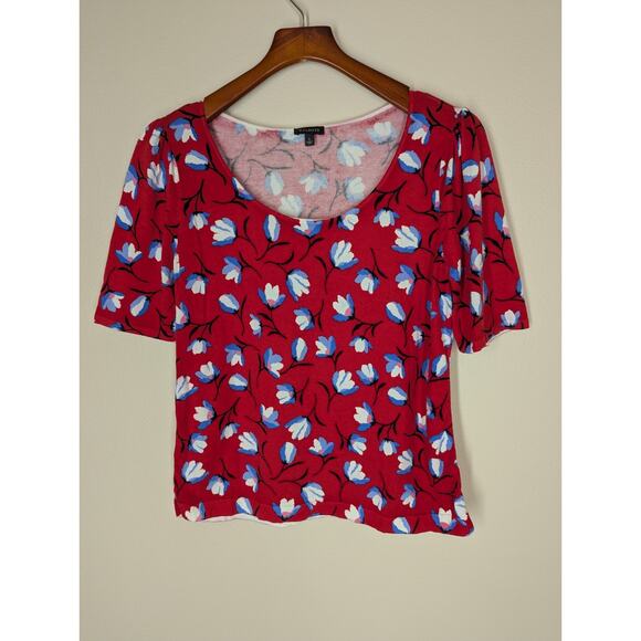 Talbots Womens Sweater Red Blue Floral Lightweight Puff Short Sleeve Size Large - Picture 2 of 9